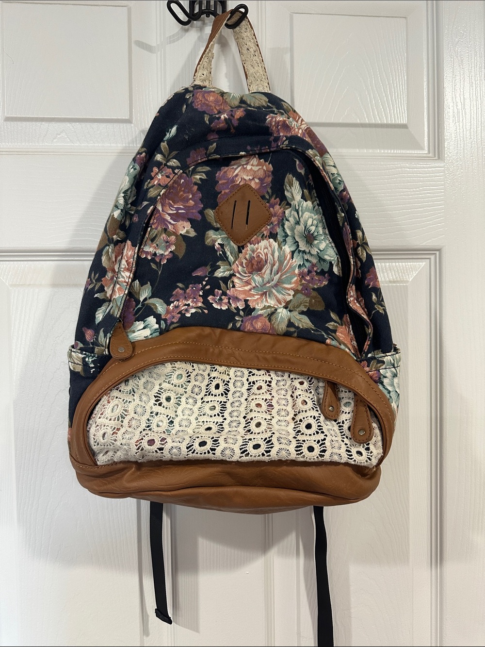 Nila Anthony Navy Floral Backpack with Brown Trim and Lace Pocket